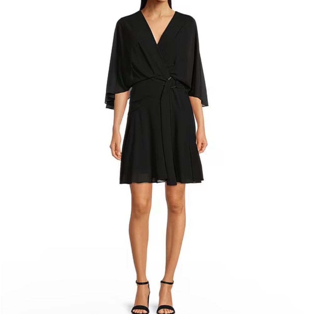 Alex Marie Carissa Chiffon V-Neck 3/4 Flutter Cape Sleeve Belted A-Line Dress